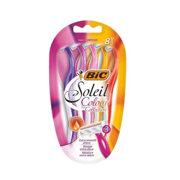 BIC Miss Soleil Colour Collection 3-Blade Razors for Women with Easy Grip Handle and Lubricating Strips, Pack of 8