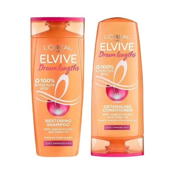 L'Oreal Paris Elvive Dream Lengths Shampoo and Conditioner Set for Long Hair, Nourishing & Strengthening Treatment to Prevent Hair Breakage, Enriched with Castor Oil